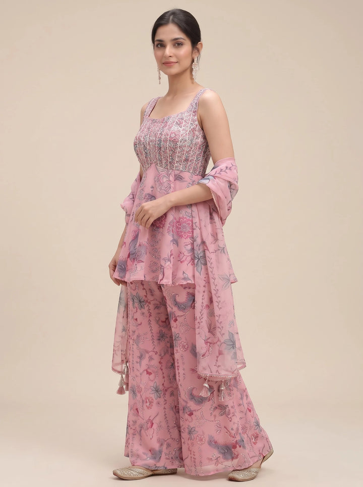 Blush Pink Floral Embroidered Peplum Sharara Suit Set - View 3