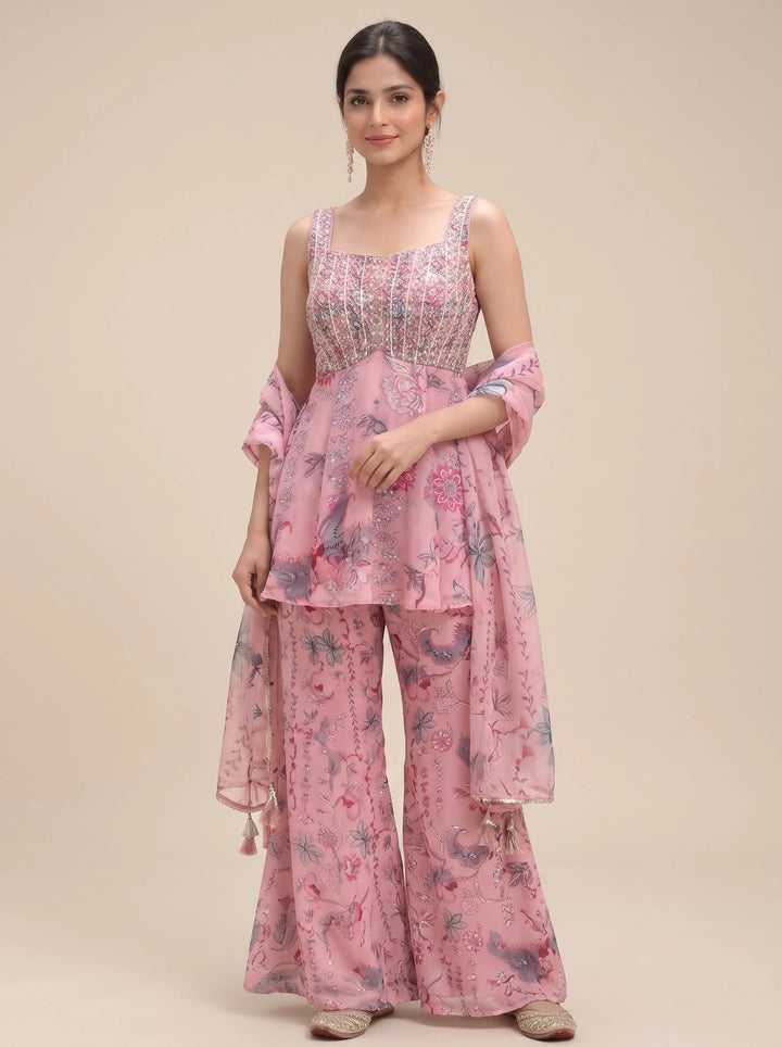 Blush Pink Floral Embroidered Peplum Sharara Suit Set - View 4