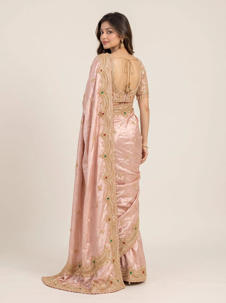 Blush Pink Satin Saree with Multicolor Gold Embroidery - Back