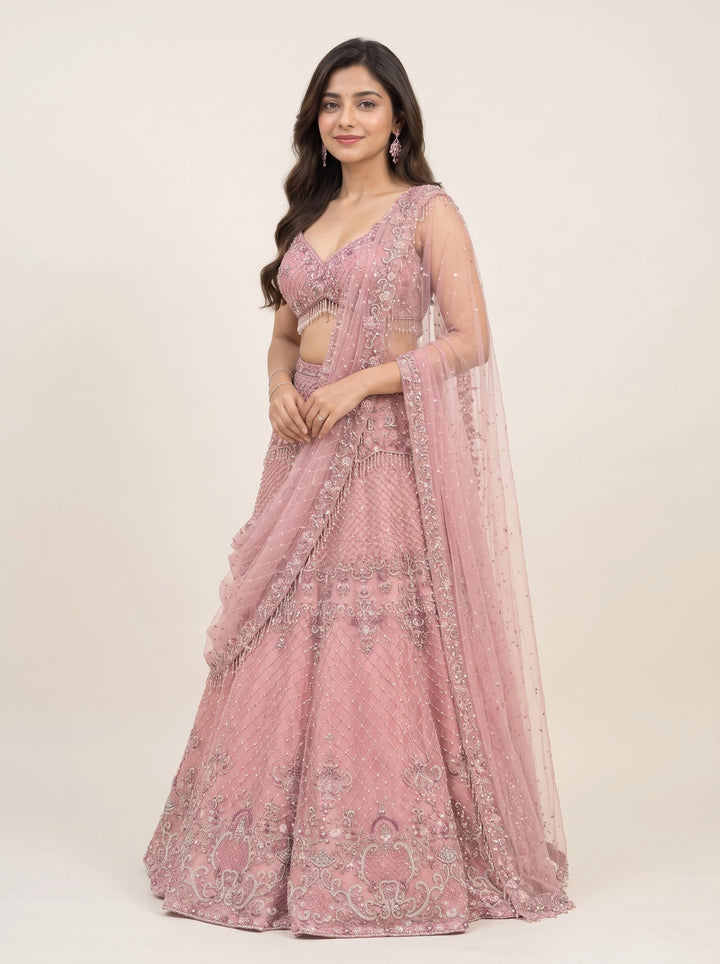 Blush Pink Silver Embroidered Designer Lehenga Set - View 4