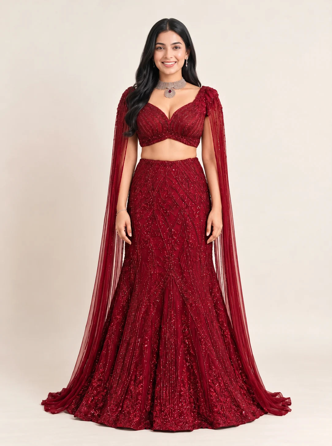 Burgundy Wine Sequin Embellished Bridal Lehenga with Sheer Cape