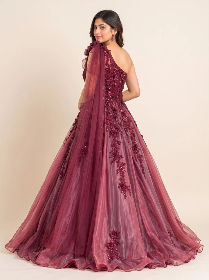 Burgundy Rose Embellished One-Shoulder Ball Gown - Back
