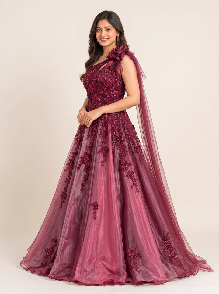 Burgundy Rose Embellished One-Shoulder Ball Gown - View 3