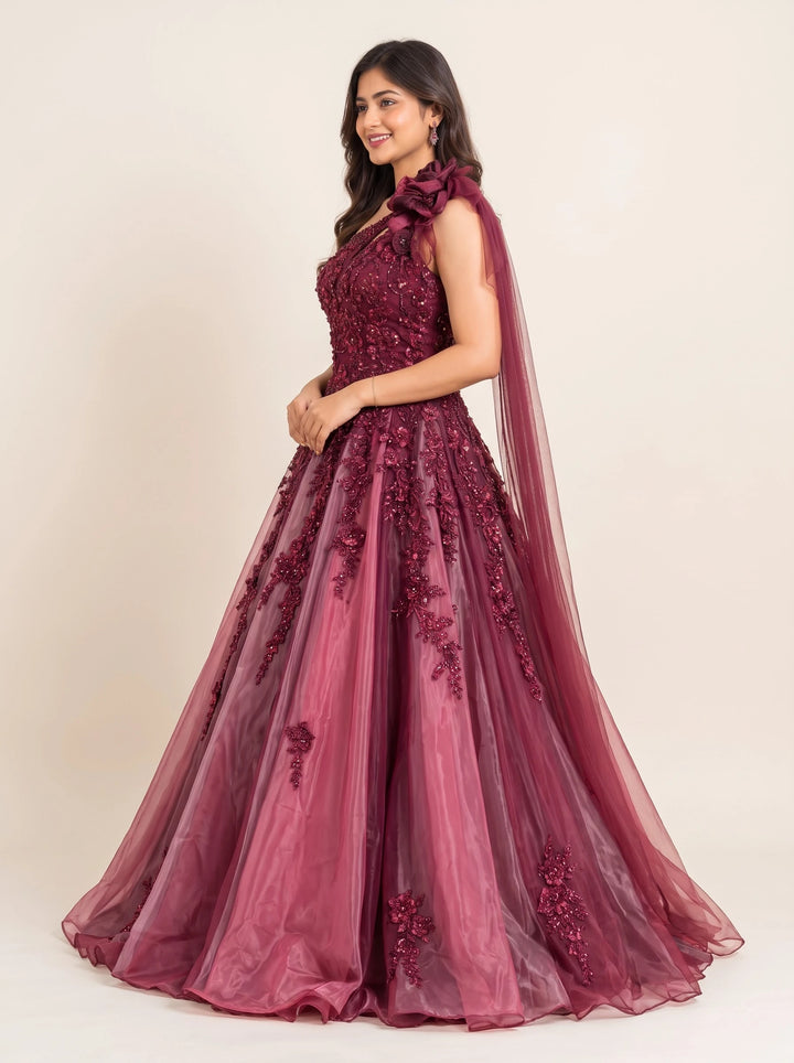 Burgundy Rose Embellished One-Shoulder Ball Gown - View 4