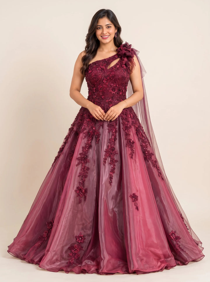 Burgundy Rose Embellished One-Shoulder Ball Gown - Front