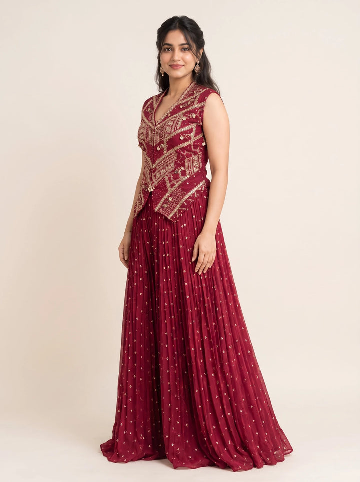 Burgundy Royale Embroidered Peplum Gown Set - View 4
