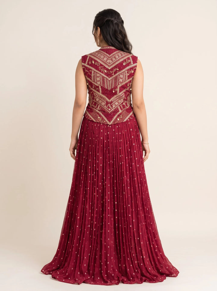 Burgundy Royale Embroidered Peplum Gown Set - Back