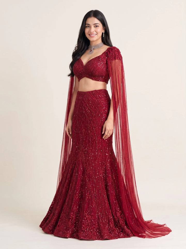 Burgundy Wine Sequin Embellished Bridal Lehenga with Sheer Cape - View 3
