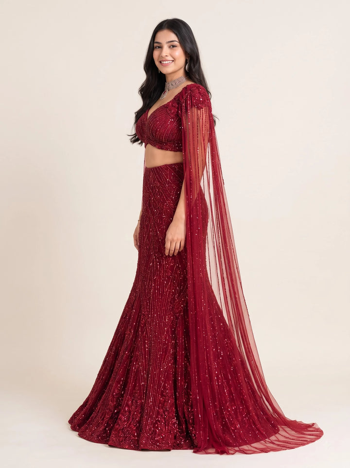 Burgundy Wine Sequin Embellished Bridal Lehenga with Sheer Cape - View 4