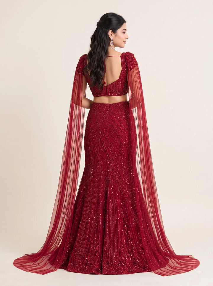 Burgundy Wine Sequin Embellished Bridal Lehenga with Sheer Cape - Back