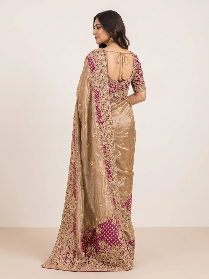 Champagne Gold Saree with Magenta Zari Embroidered Border - Back