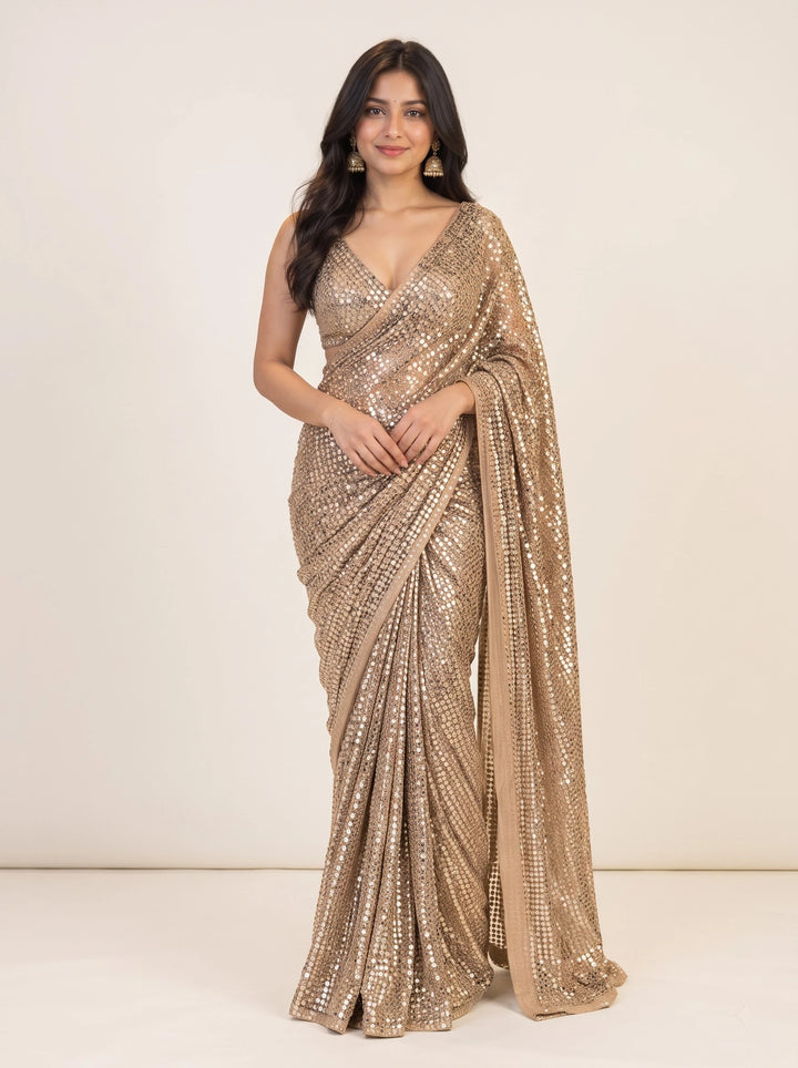 Champagne Gold Sequin Glam Saree - Front