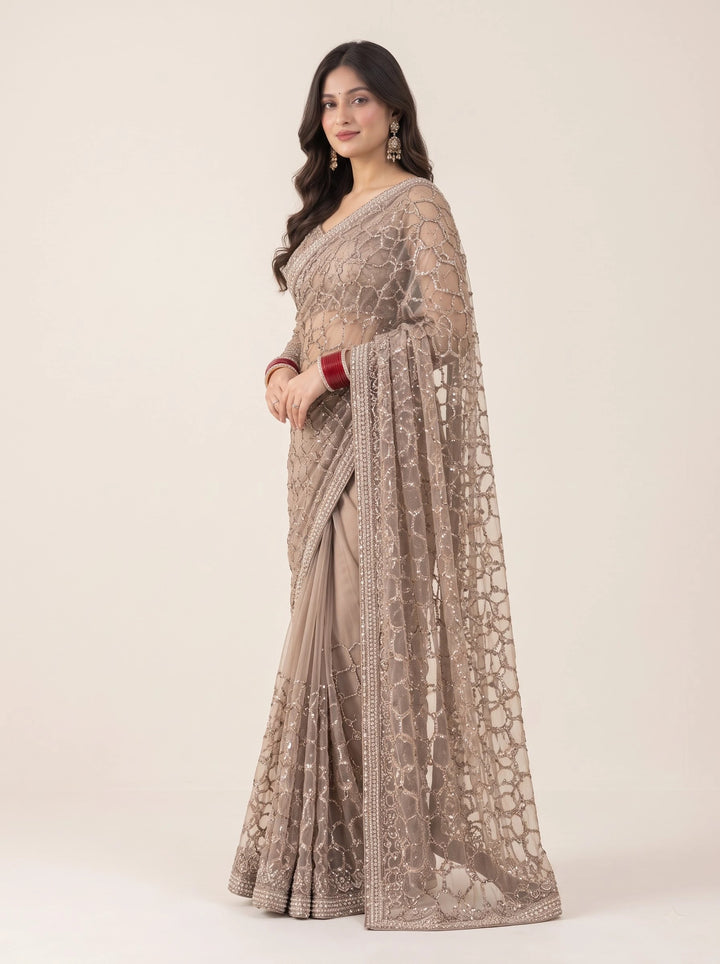 Champagne Taupe Silver Embellished Designer Saree - View 4