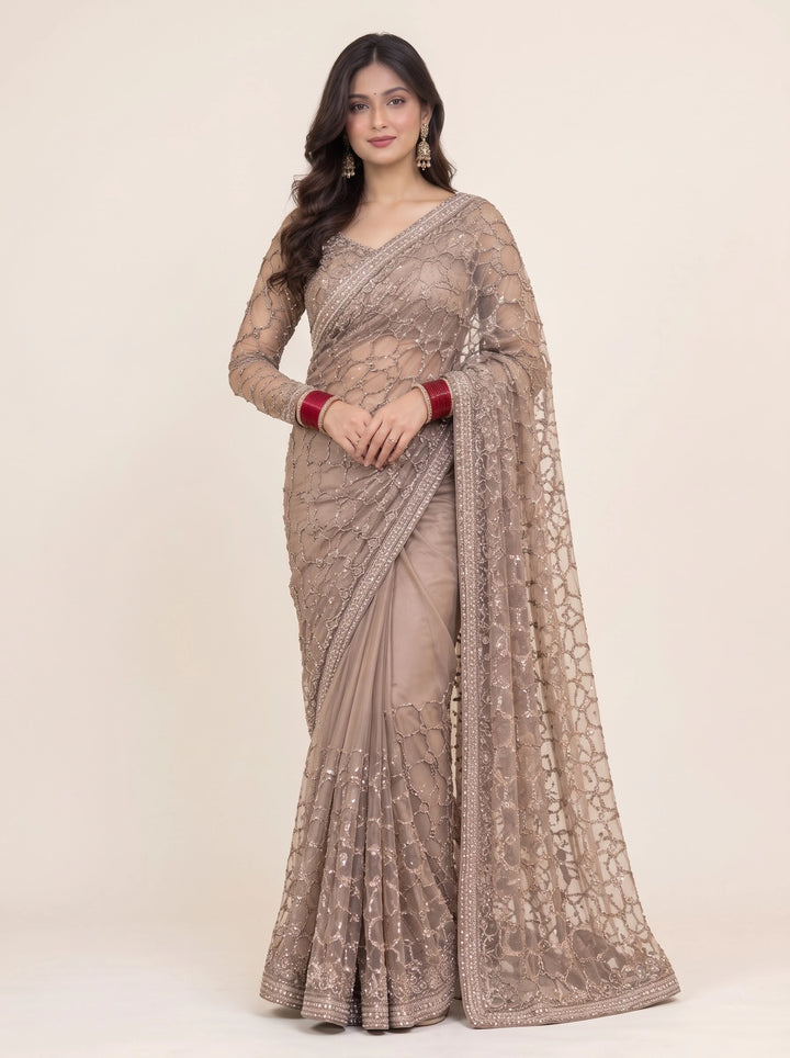 Champagne Taupe Silver Embellished Designer Saree - Front