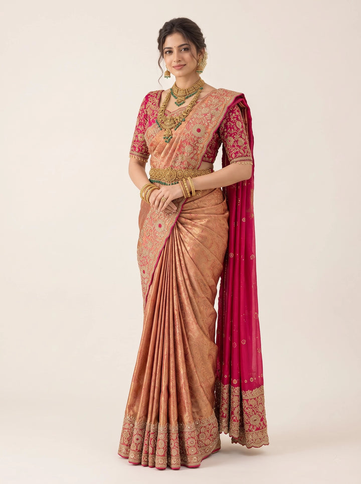 Copper Gold & Magenta Temple Embroidered Silk Saree - View 4