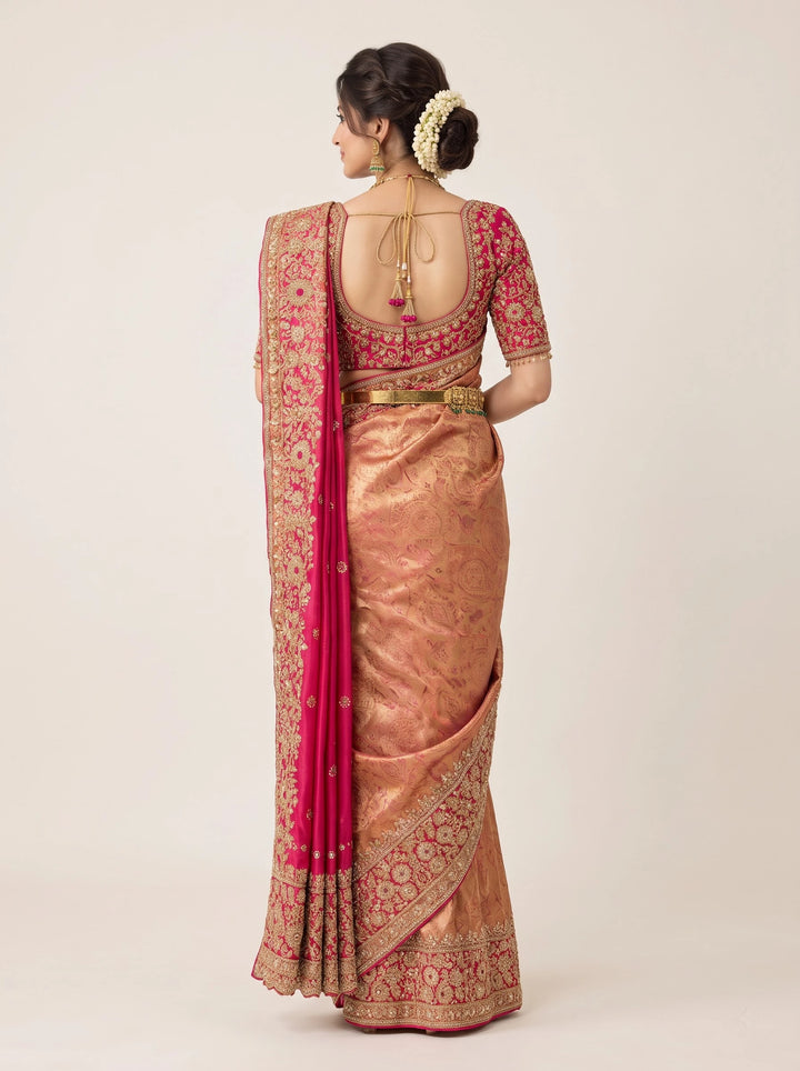Copper Gold & Magenta Temple Embroidered Silk Saree - Back