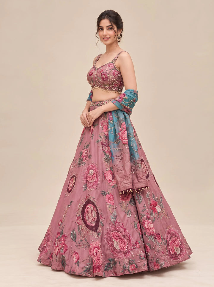 Dusty Rose Floral Embroidered Designer Lehenga Set - View 3