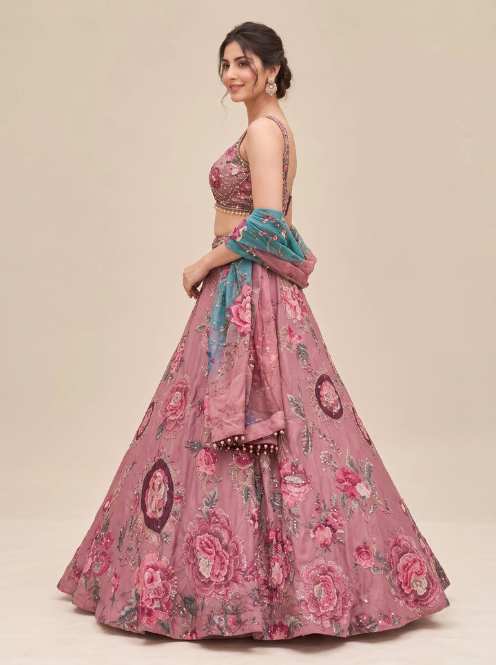 Dusty Rose Floral Embroidered Designer Lehenga Set - View 4
