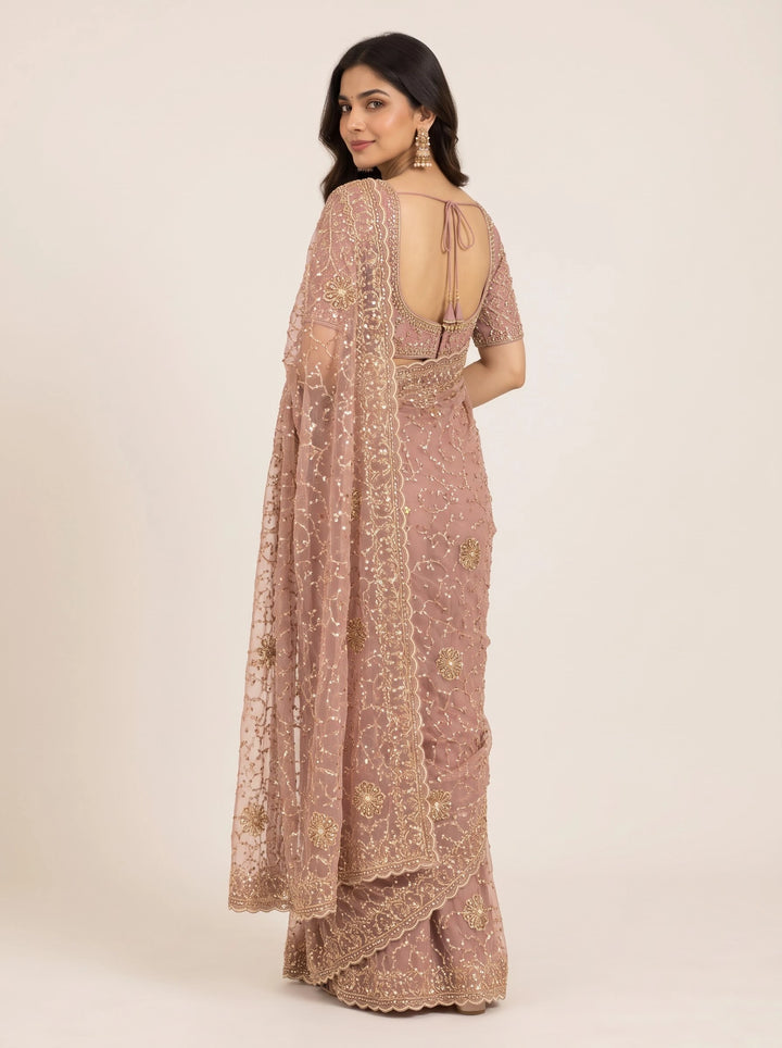 Dusty Rose Gold Embroidered Saree - Back