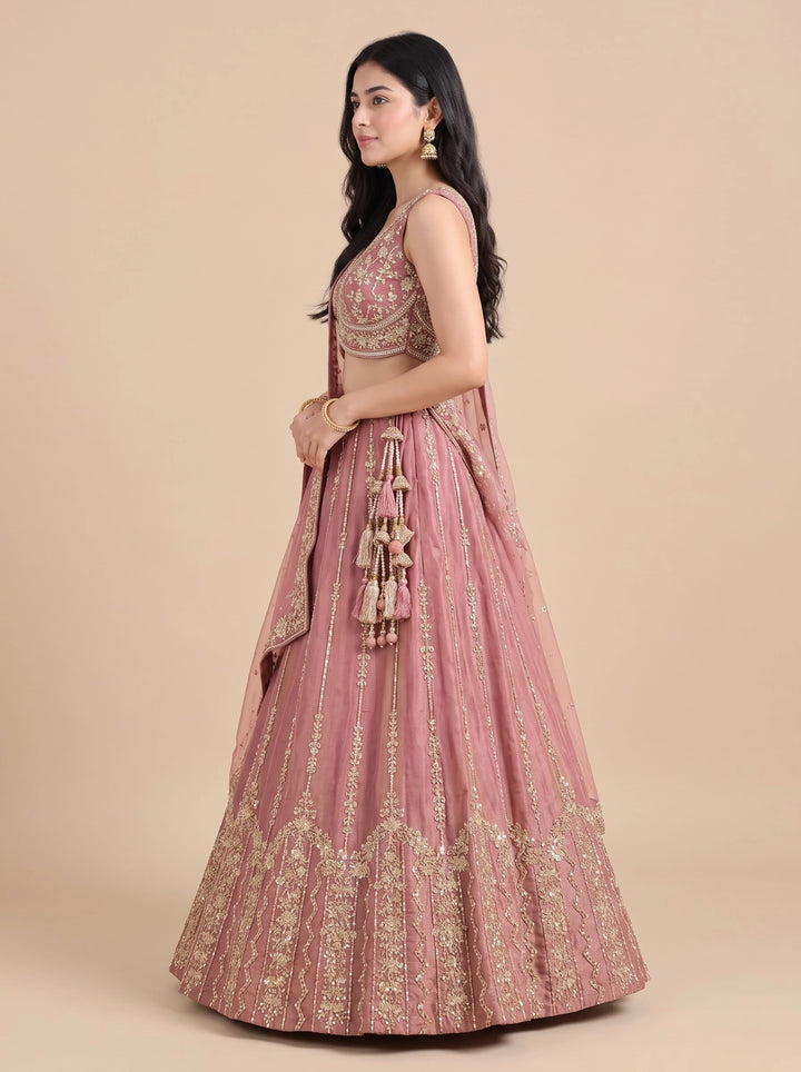 Dusty Rose Pink & Gold Floral Embroidered Designer Lehenga Set - View 3