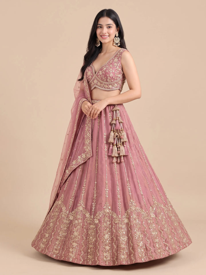 Dusty Rose Pink & Gold Floral Embroidered Designer Lehenga Set - View 4