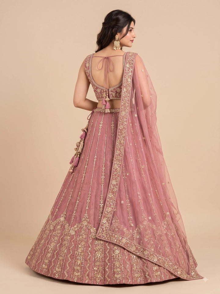 Dusty Rose Pink & Gold Floral Embroidered Designer Lehenga Set - Back