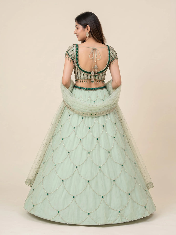 Emerald Mint Green Embroidered Designer Lehenga - Back