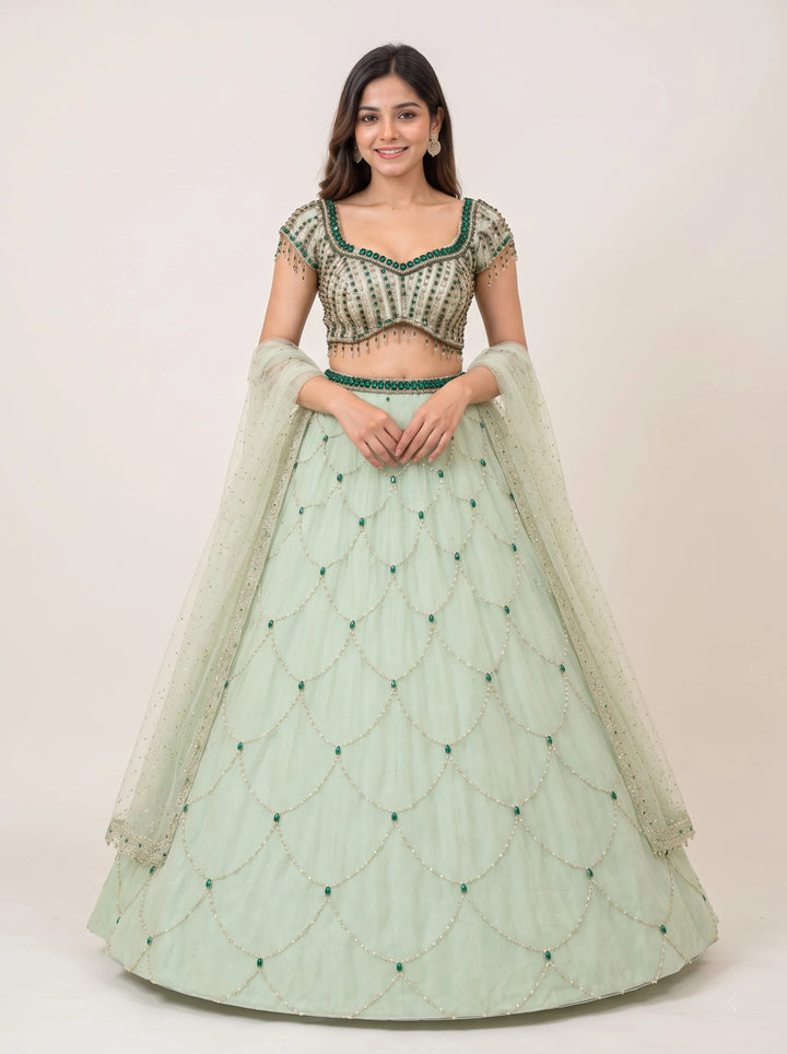 Emerald Mint Green Embroidered Designer Lehenga - Front