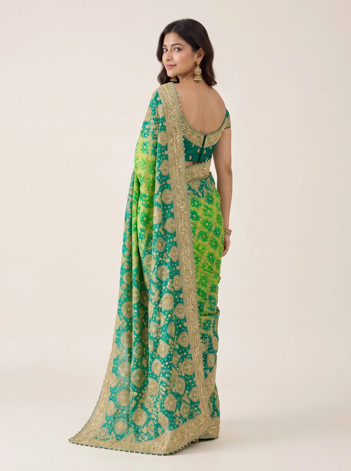 Emerald Teal & Lime Green Gold-Embroidered Designer Saree - View 5