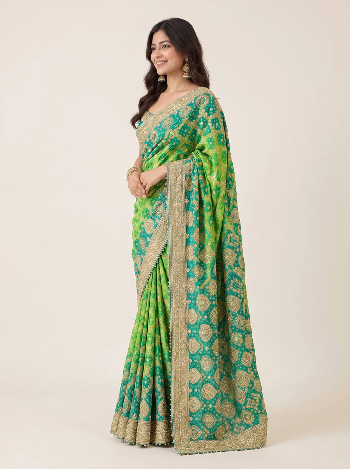 Emerald Teal & Lime Green Gold-Embroidered Designer Saree - View 6
