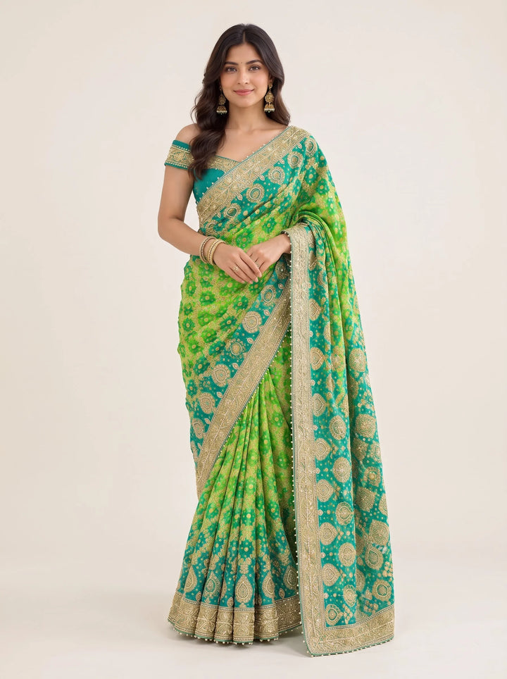Emerald Teal & Lime Green Gold-Embroidered Designer Saree - View 8