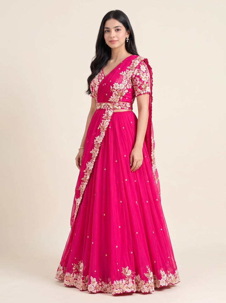 Fuchsia Pink Floral Embroidered Draped Designer Lehenga Set - View 3
