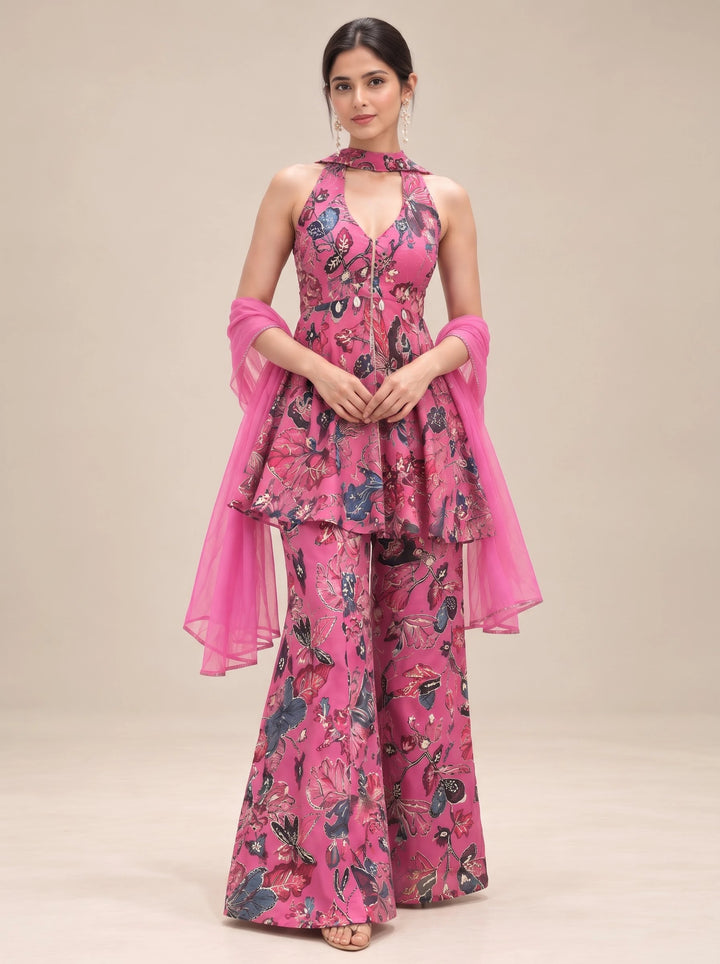 Fuchsia Pink Floral Printed Designer Palazzo Suit Set - Front