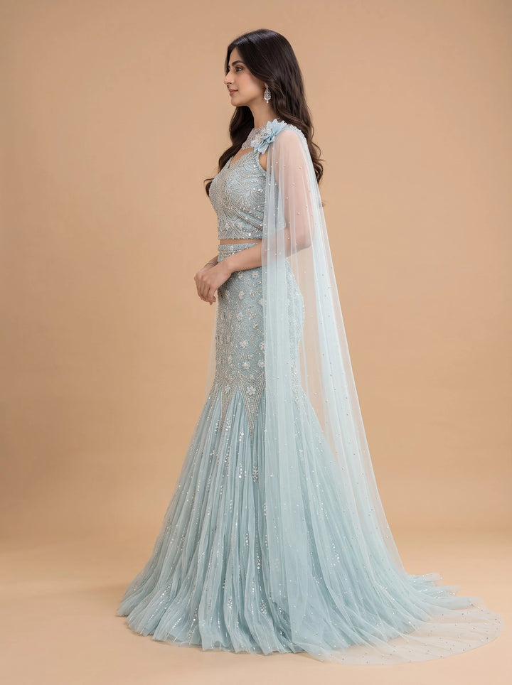 Ice Blue Crystal Embellished Mermaid Gown - View 3