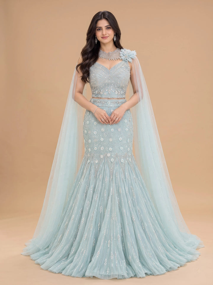 Ice Blue Crystal Embellished Mermaid Gown - View 4