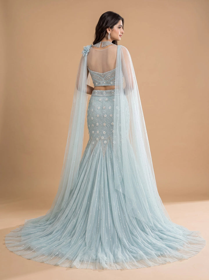 Ice Blue Crystal Embellished Mermaid Gown - Back