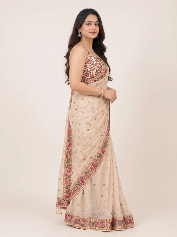 Ivory Floral Embroidered Designer Saree - View 3