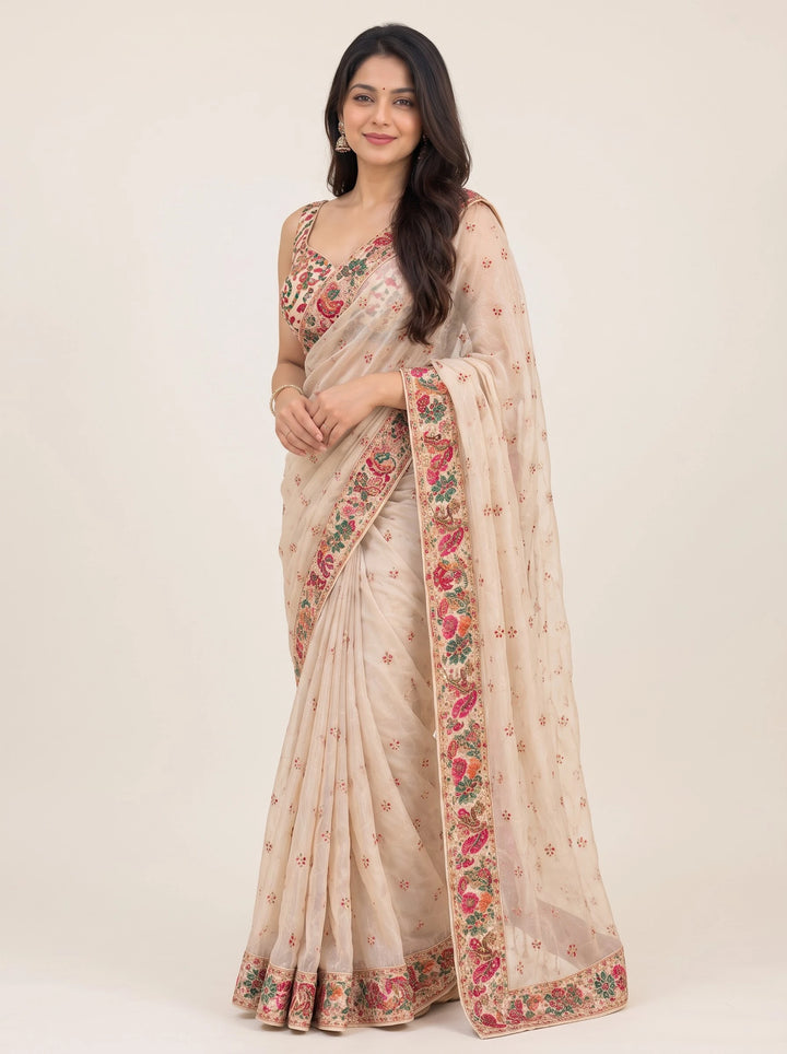 Ivory Floral Embroidered Designer Saree - View 4