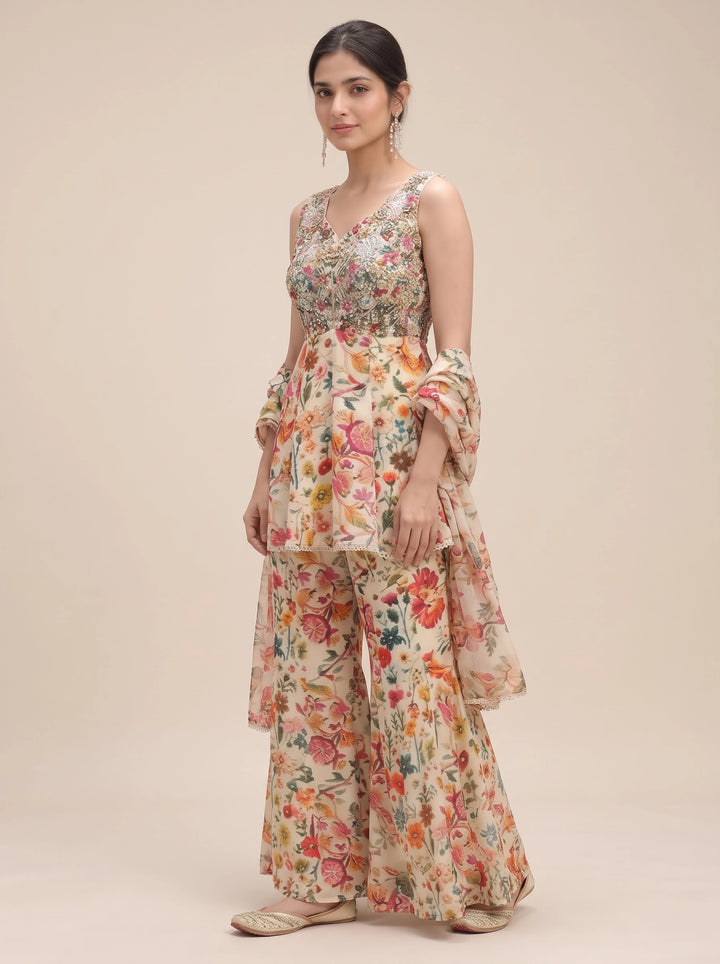 Ivory Floral Embroidered Peplum Sharara Suit Set - View 3