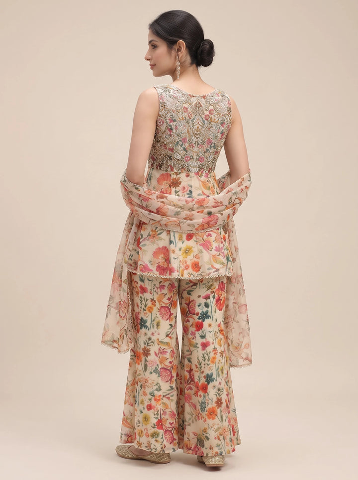 Ivory Floral Embroidered Peplum Sharara Suit Set - Back