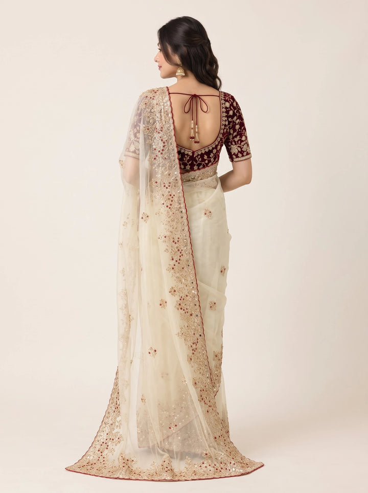 Ivory Gold Embroidered Bridal Saree - Back