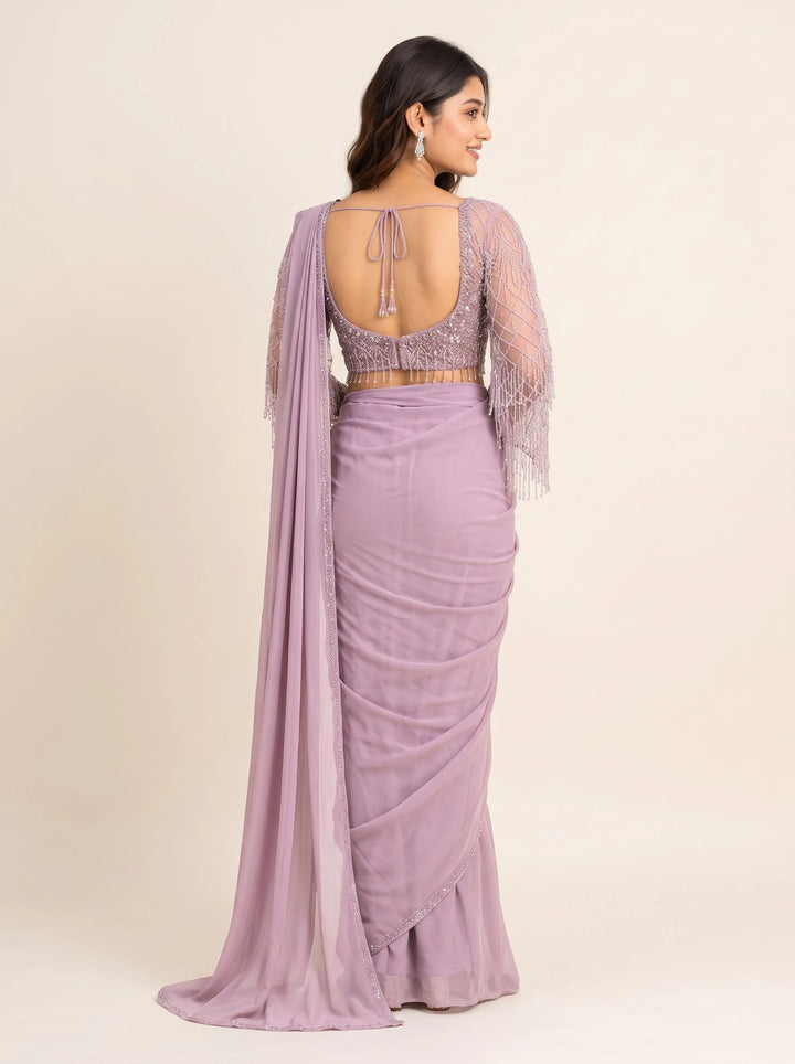 Lavender Mauve Sequin Embellished Designer Saree with Fringe-Sleeve Blouse - Back