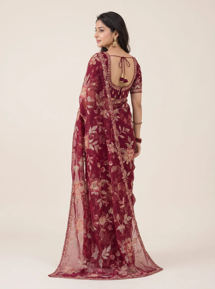 Maroon Floral Embroidered Organza Saree - Back