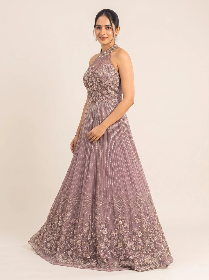 Mauve Silver Floral Embellished Halter-Neck Designer Gown - View 3