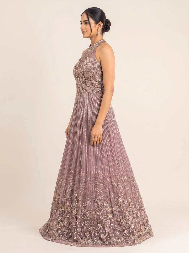 Mauve Silver Floral Embellished Halter-Neck Designer Gown - View 4