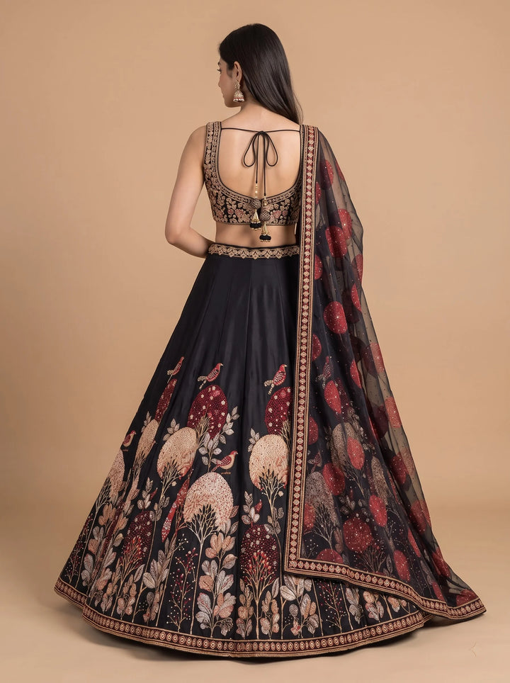 Midnight Black Floral Embroidered Designer Lehenga Set - Back