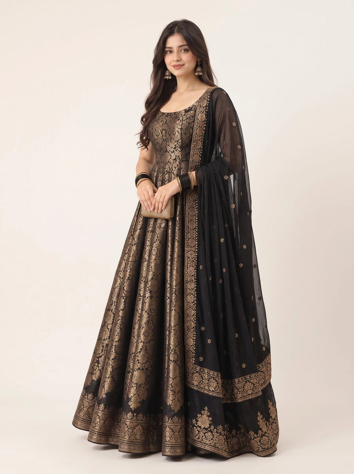 Midnight Black & Gold Brocade Embroidered Gown - View 4