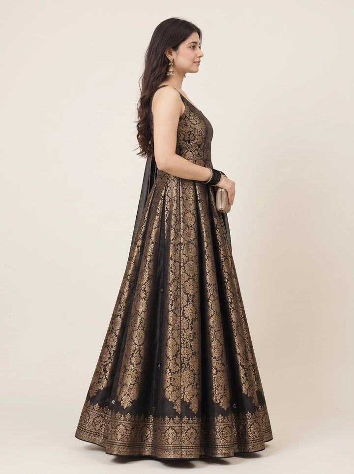 Midnight Black & Gold Brocade Embroidered Gown - View 5