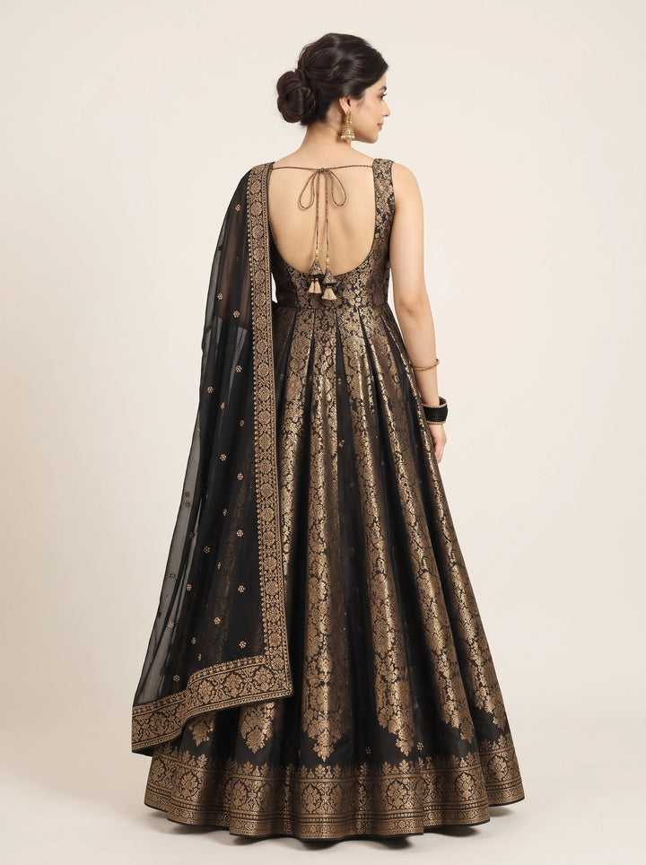 Midnight Black & Gold Brocade Embroidered Gown - Back