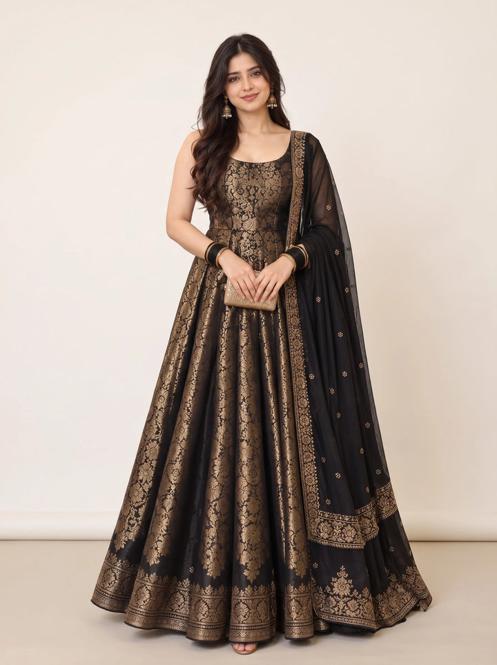 Midnight Black & Gold Brocade Embroidered Gown - Front